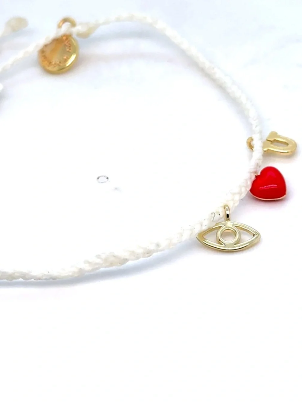 Pura Vida White Braided Bracelet with‎ Red Heart and Gold Charms